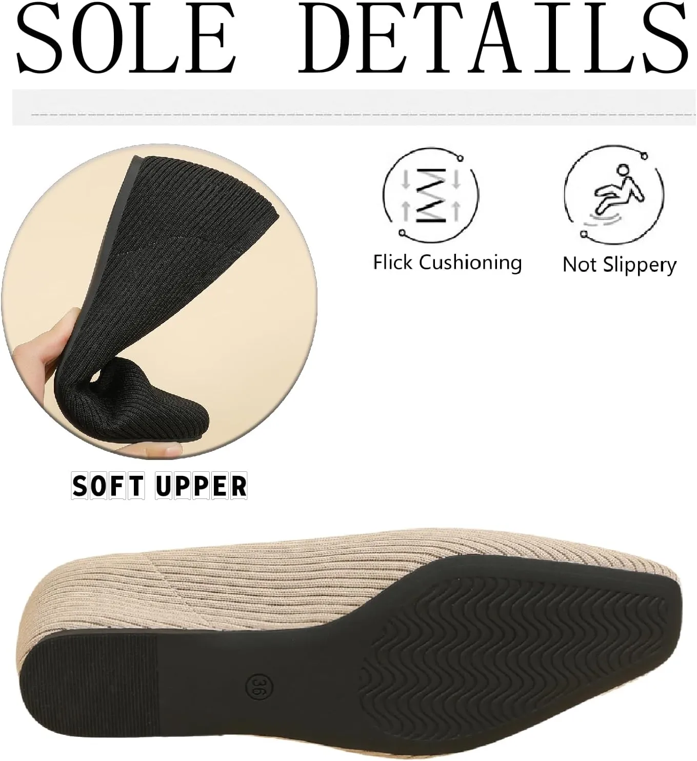 Women's Knit Square Toe Flats Casual Comfortable Slip On Soft Bottom Internal Height Increase Dress Shoes for Daily Work Walking Flat Shoes