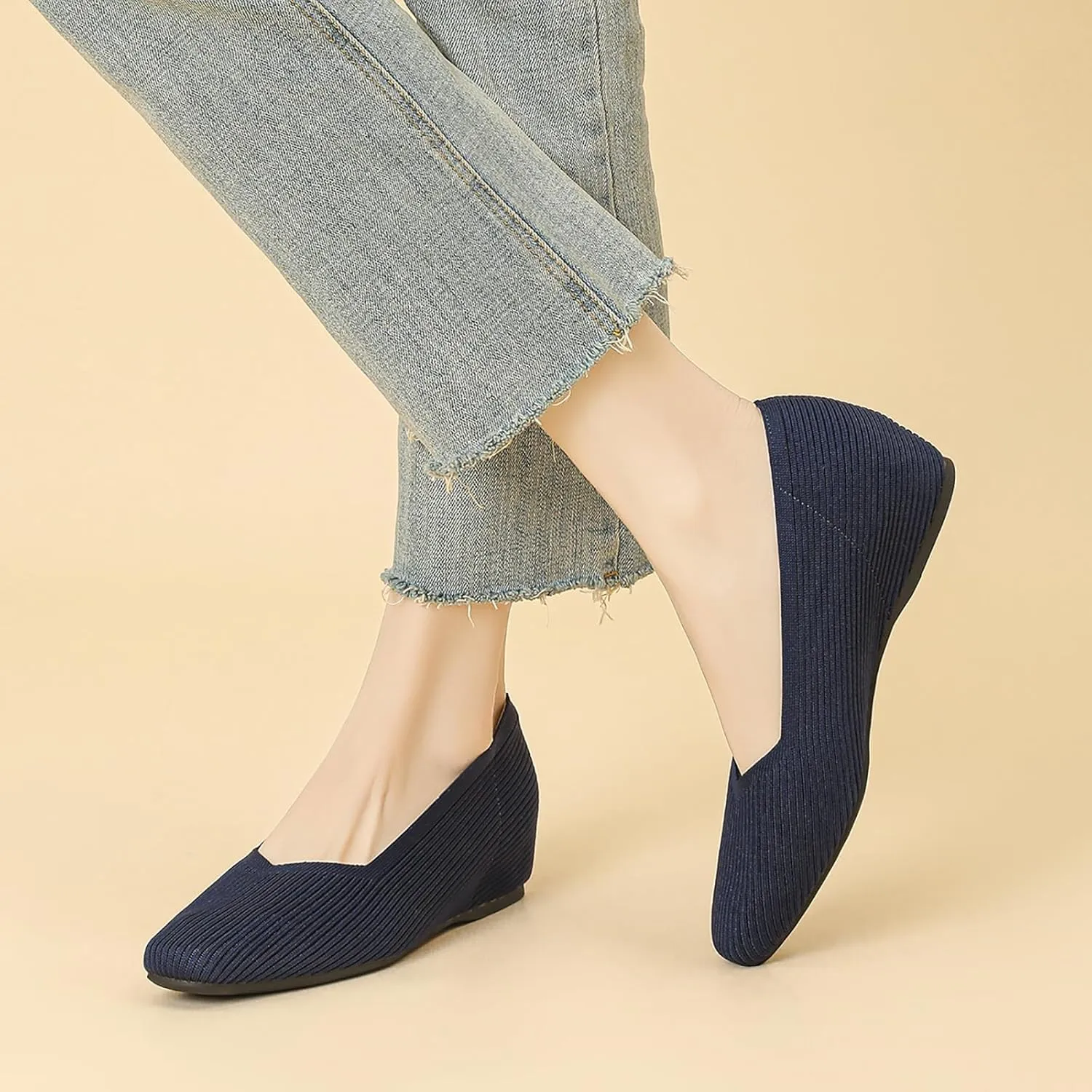Women's Knit Square Toe Flats Casual Comfortable Slip On Soft Bottom Internal Height Increase Dress Shoes for Daily Work Walking Flat Shoes