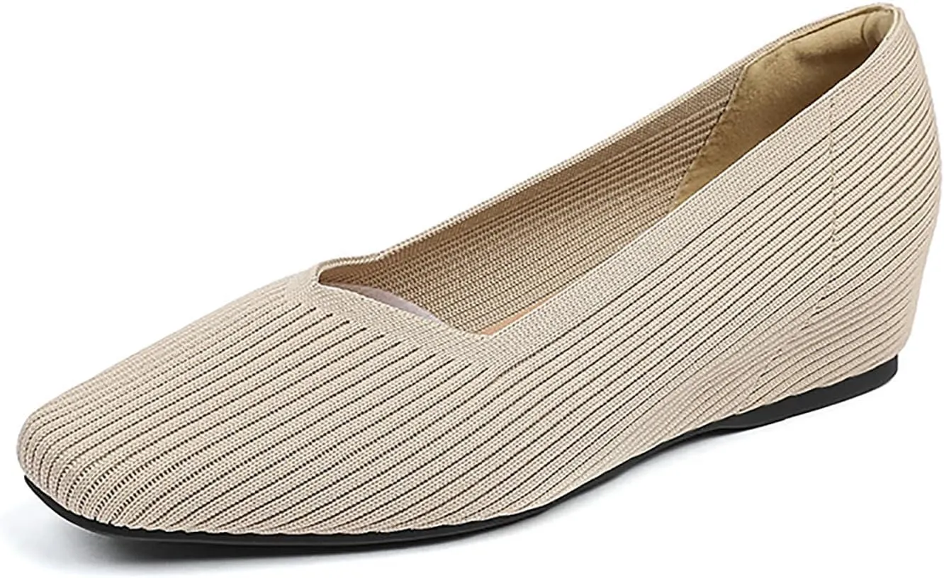 Women's Knit Square Toe Flats Casual Comfortable Slip On Soft Bottom Internal Height Increase Dress Shoes for Daily Work Walking Flat Shoes