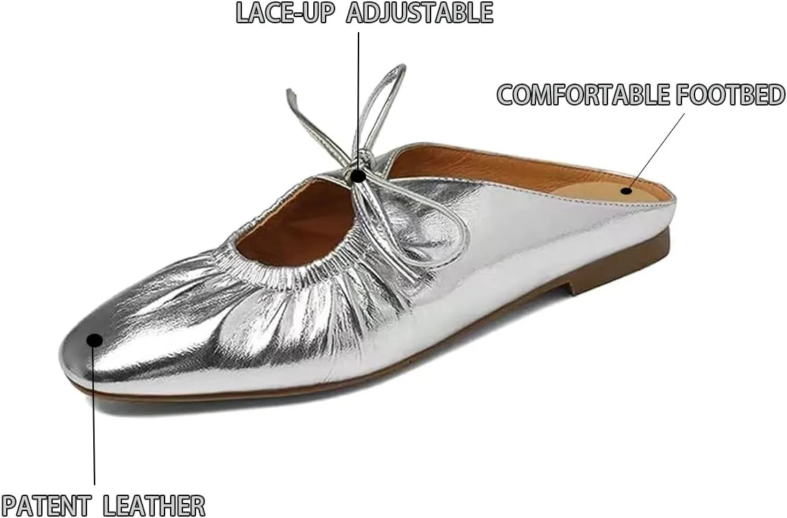 Women's Leather Lace Up Slingback Flat Mules,Closed Toe Square Toe Ballet Flats, Casual Comfortable Dressy Dating Work Shoes for Women, Gold
