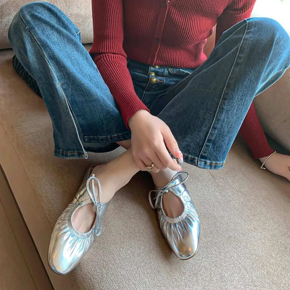 Women's Leather Lace Up Slingback Flat Mules,Closed Toe Square Toe Ballet Flats, Casual Comfortable Dressy Dating Work Shoes for Women, Gold
