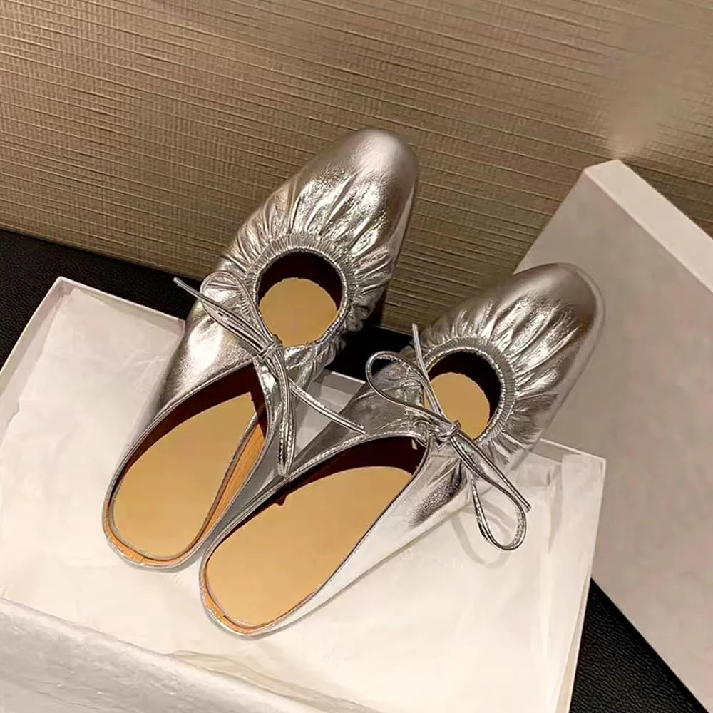Women's Leather Lace Up Slingback Flat Mules,Closed Toe Square Toe Ballet Flats, Casual Comfortable Dressy Dating Work Shoes for Women, Gold