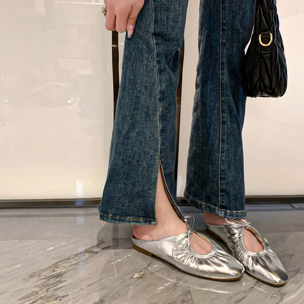 Women's Leather Lace Up Slingback Flat Mules,Closed Toe Square Toe Ballet Flats, Casual Comfortable Dressy Dating Work Shoes for Women, Gold