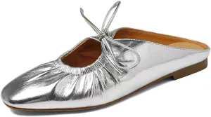 Women's Leather Lace Up Slingback Flat Mules,Closed Toe Square Toe Ballet Flats, Casual Comfortable Dressy Dating Work Shoes for Women, Gold