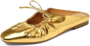 Women's Leather Lace Up Slingback Flat Mules,Closed Toe Square Toe Ballet Flats, Casual Comfortable Dressy Dating Work Shoes for Women, Gold