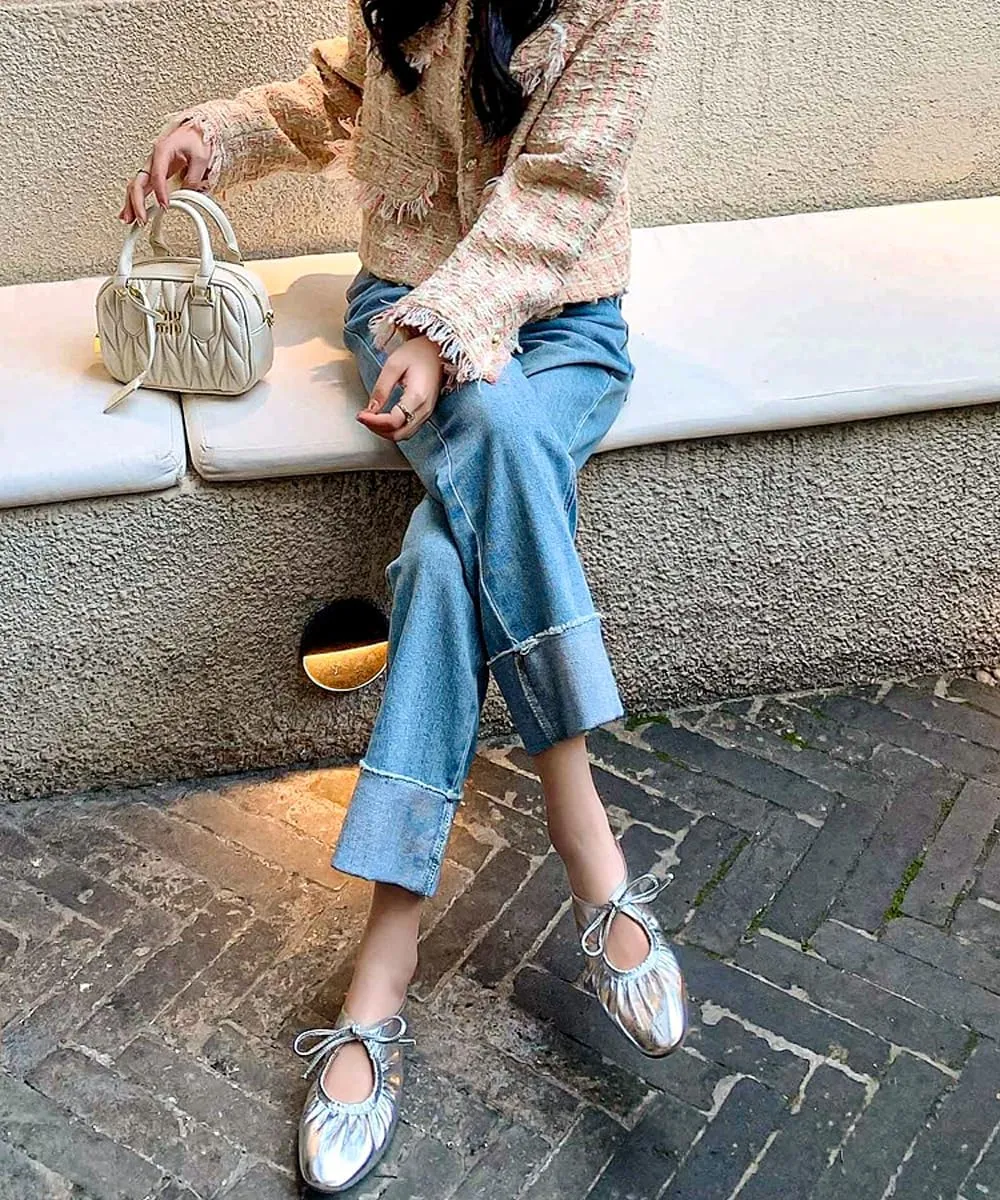 Women's Leather Lace Up Slingback Flat Mules,Closed Toe Square Toe Ballet Flats, Casual Comfortable Dressy Dating Work Shoes for Women, Gold