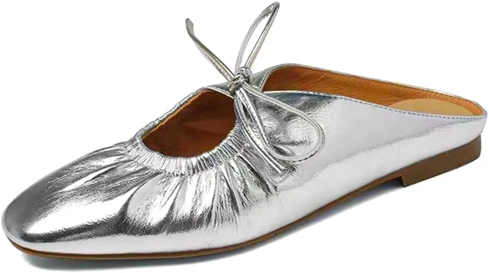 Women's Leather Lace Up Slingback Flat Mules,Closed Toe Square Toe Ballet Flats, Casual Comfortable Dressy Dating Work Shoes for Women, Gold