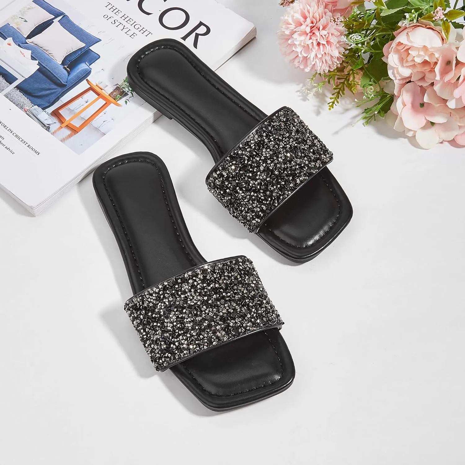 Women's Open Toe Flat Sandals Rhinestone Glitter On Casual Fashion Slippers Quick Drying Indoor & Outdoor Slides