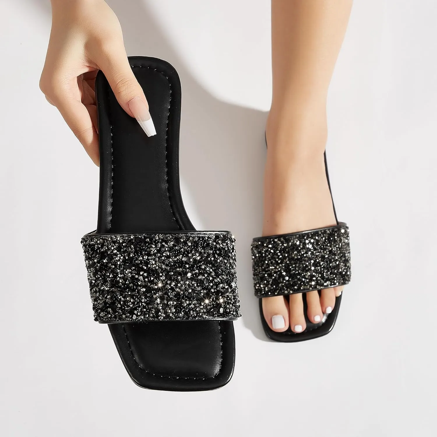Women's Open Toe Flat Sandals Rhinestone Glitter On Casual Fashion Slippers Quick Drying Indoor & Outdoor Slides