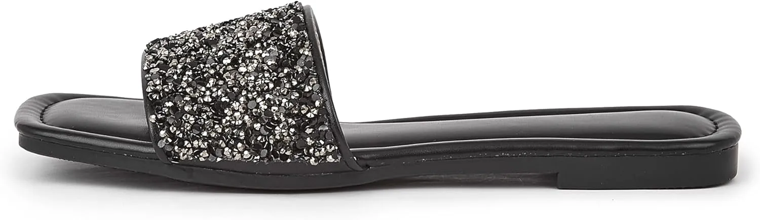 Women's Open Toe Flat Sandals Rhinestone Glitter On Casual Fashion Slippers Quick Drying Indoor & Outdoor Slides