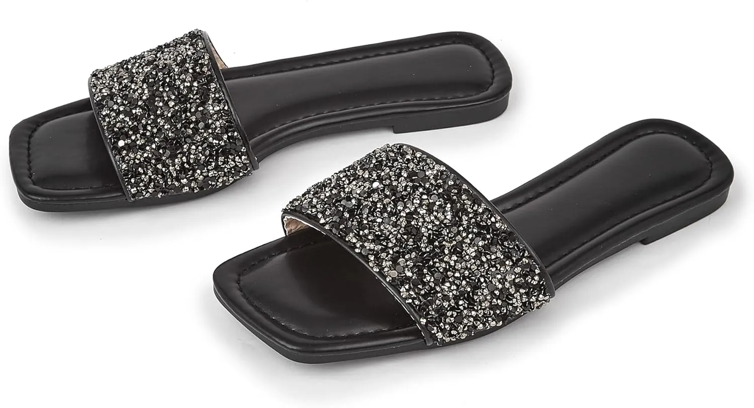 Women's Open Toe Flat Sandals Rhinestone Glitter On Casual Fashion Slippers Quick Drying Indoor & Outdoor Slides