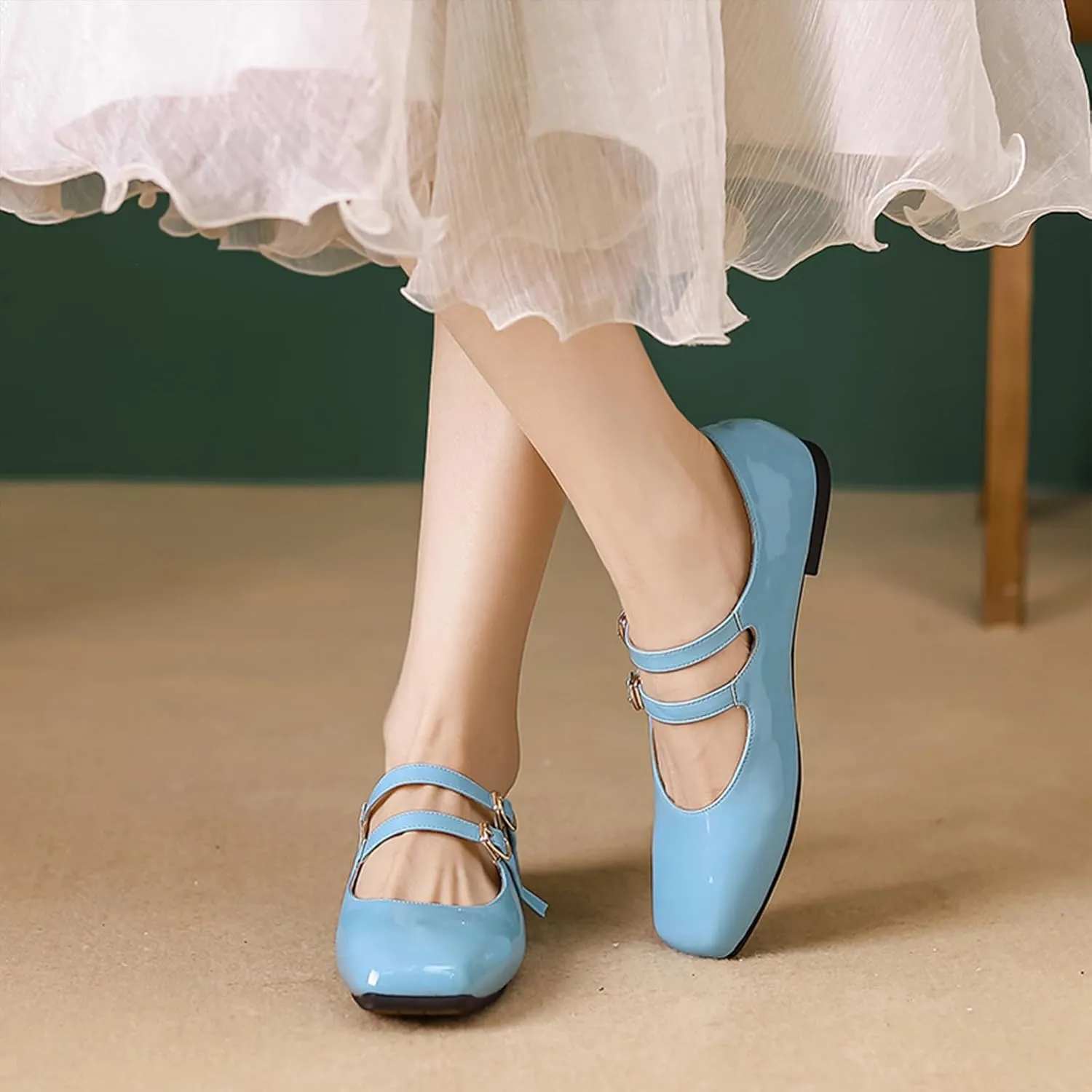 Women's Patent Leather Flat Mary Jane Shoes Elegant Square Toe Two Ankle Strap Ballet Flats for Walking Work Dressy & Casual