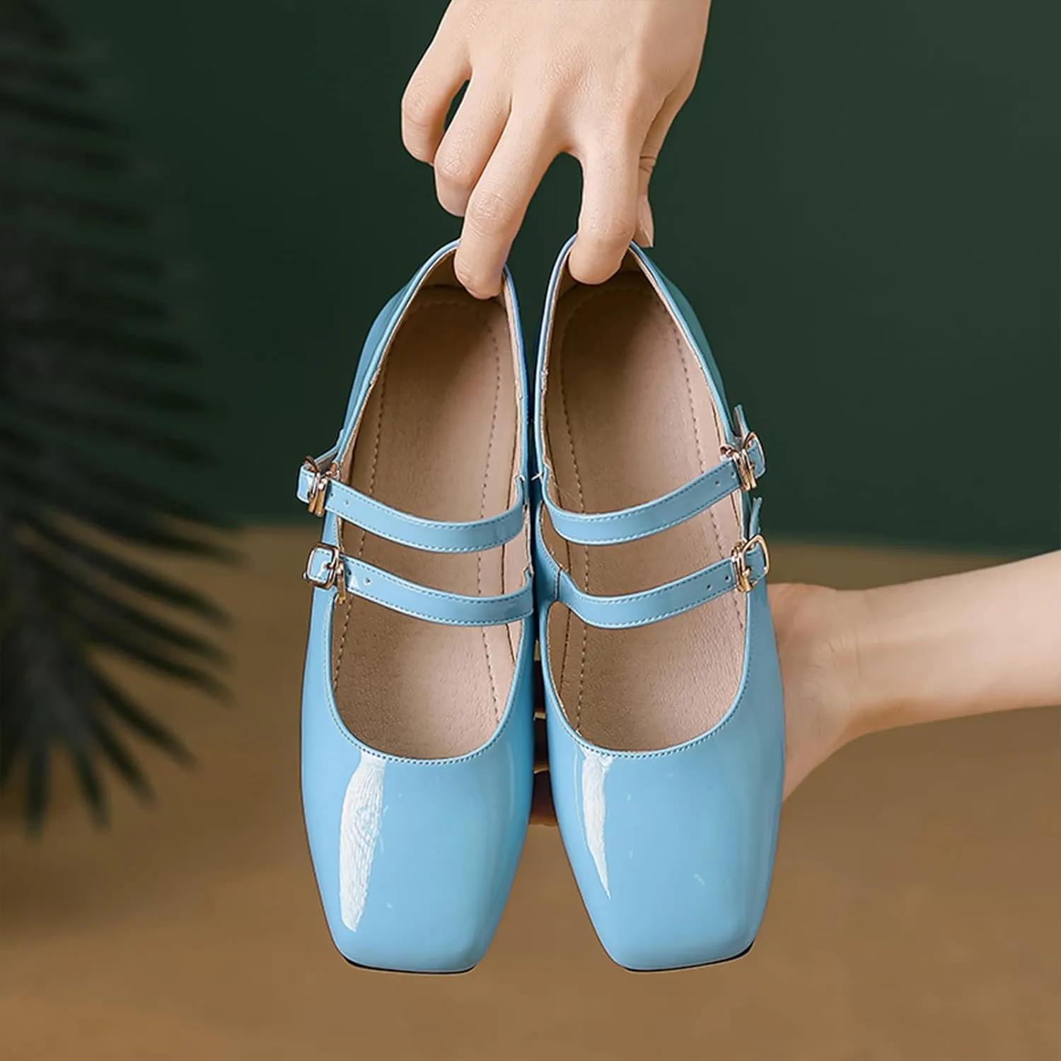 Women's Patent Leather Flat Mary Jane Shoes Elegant Square Toe Two Ankle Strap Ballet Flats for Walking Work Dressy & Casual