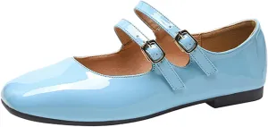 Women's Patent Leather Flat Mary Jane Shoes Elegant Square Toe Two Ankle Strap Ballet Flats for Walking Work Dressy & Casual