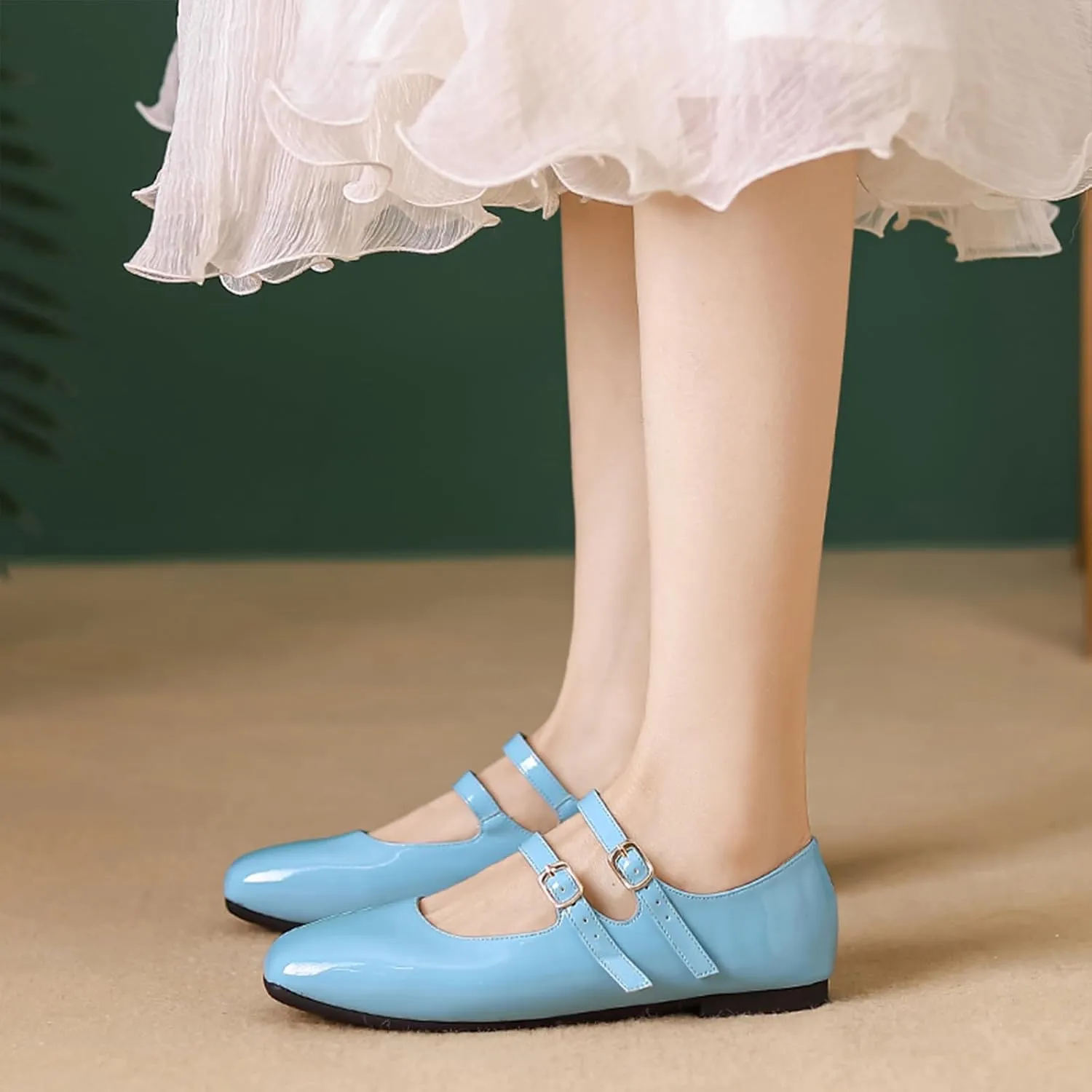 Women's Patent Leather Flat Mary Jane Shoes Elegant Square Toe Two Ankle Strap Ballet Flats for Walking Work Dressy & Casual