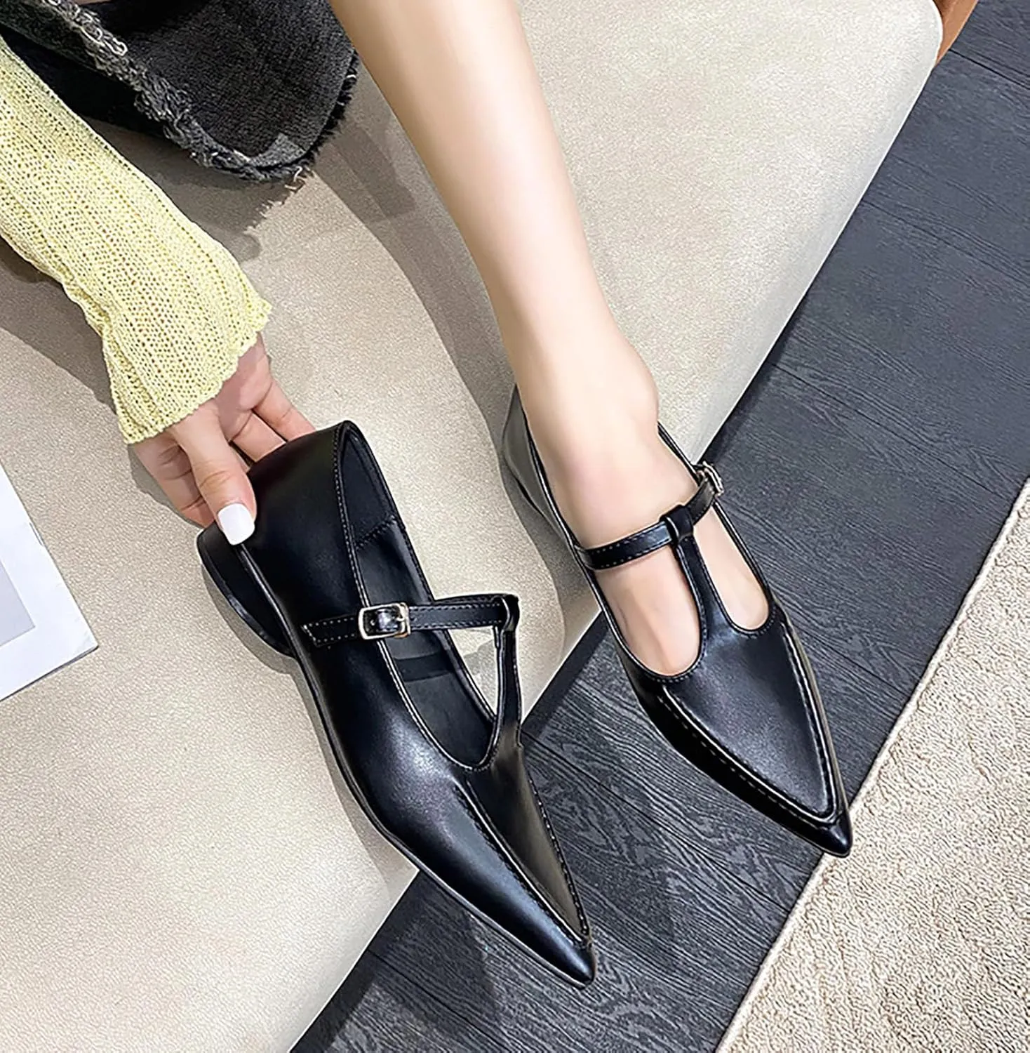Women's Pointed Toe Flat Mary Jane,T-Strap Adjustable Shoulder Strap Dress Shoes,Comfortable Non-Slip Ballet Shoes
