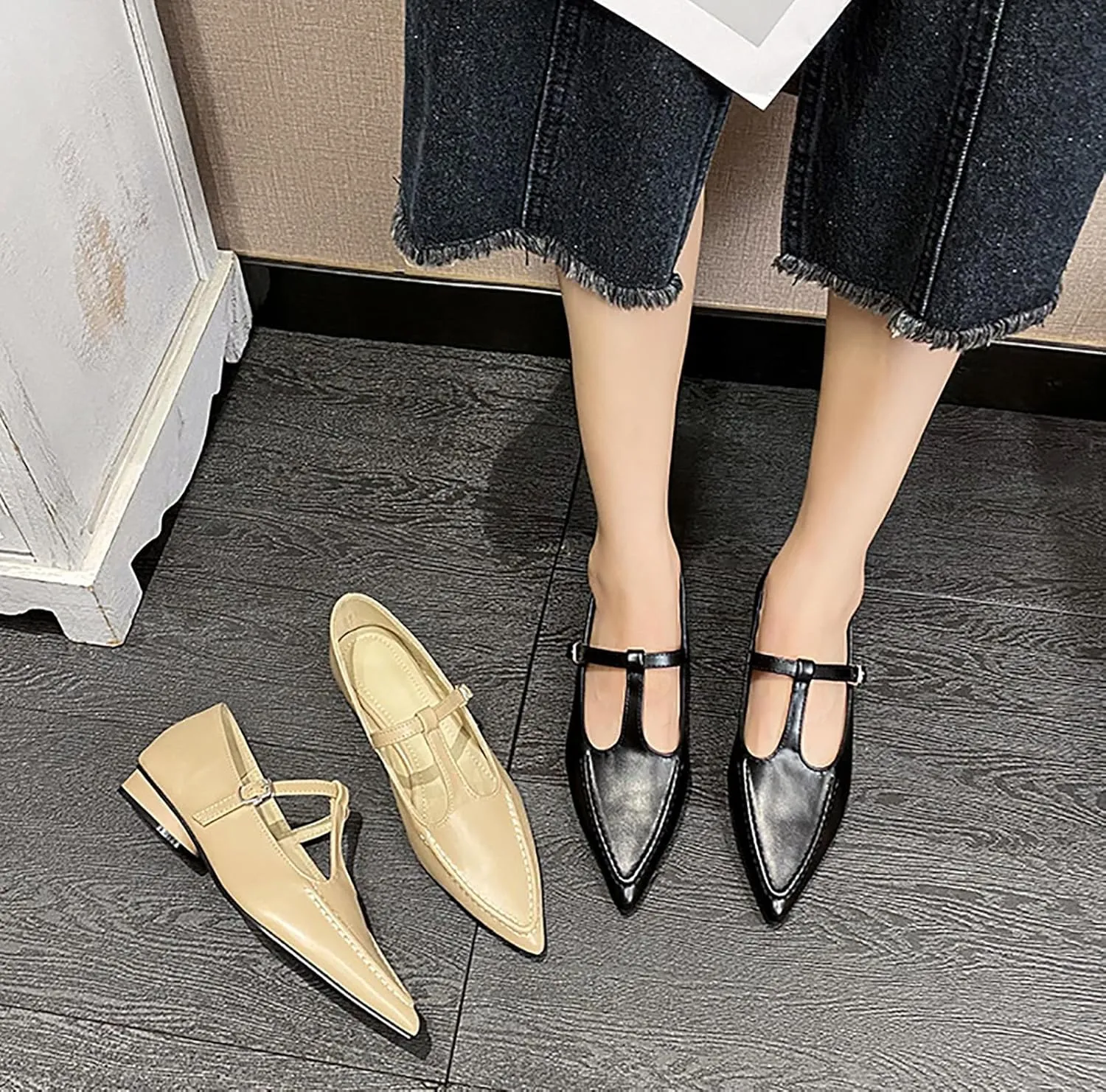 Women's Pointed Toe Flat Mary Jane,T-Strap Adjustable Shoulder Strap Dress Shoes,Comfortable Non-Slip Ballet Shoes
