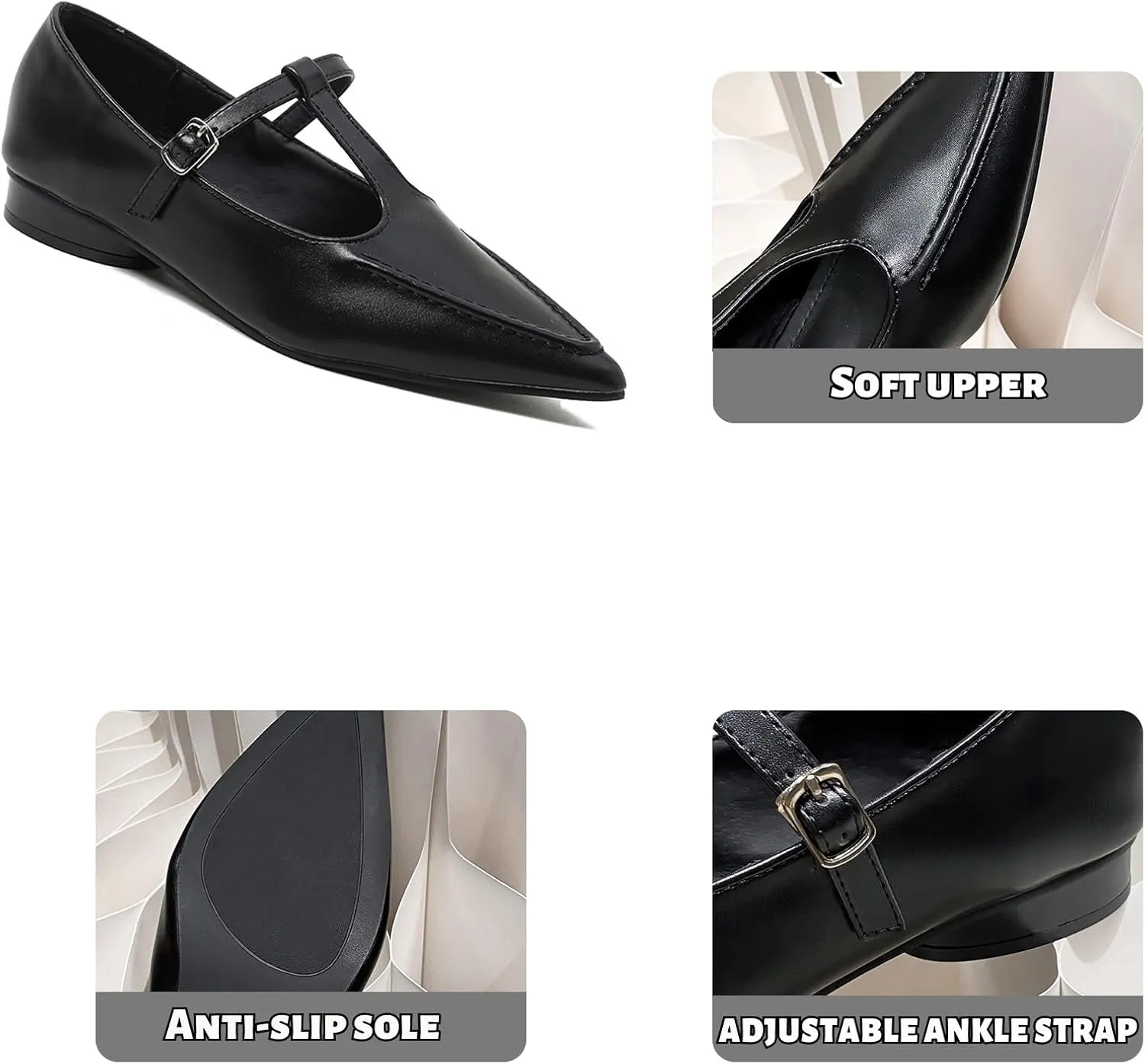 Women's Pointed Toe Flat Mary Jane,T-Strap Adjustable Shoulder Strap Dress Shoes,Comfortable Non-Slip Ballet Shoes
