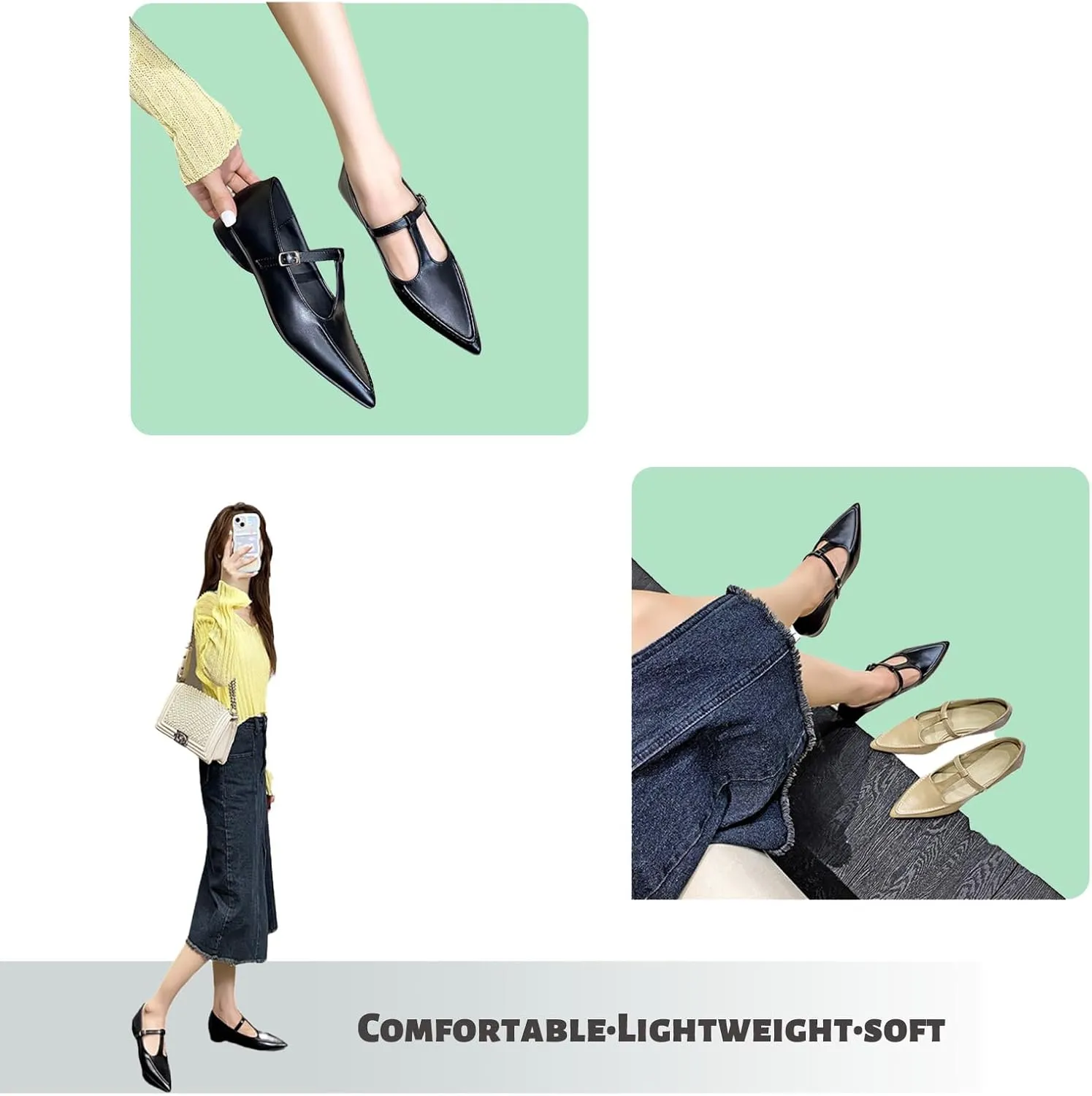 Women's Pointed Toe Flat Mary Jane,T-Strap Adjustable Shoulder Strap Dress Shoes,Comfortable Non-Slip Ballet Shoes