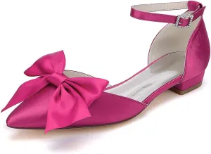Women's Pointed Toe Flats Ankle Strap Ballet Flats with Bow Flat Bridal Shoes Evening Dress Pumps