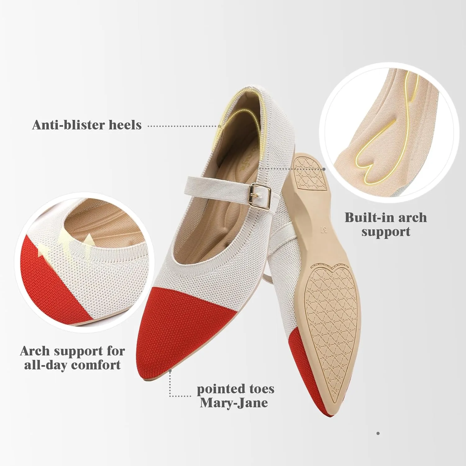 Women's Pointed Toe Knit Mary Jane Ballet Flats for Office Casual Wear Stretchy Dressy Slip-On Shoes with Arch Support