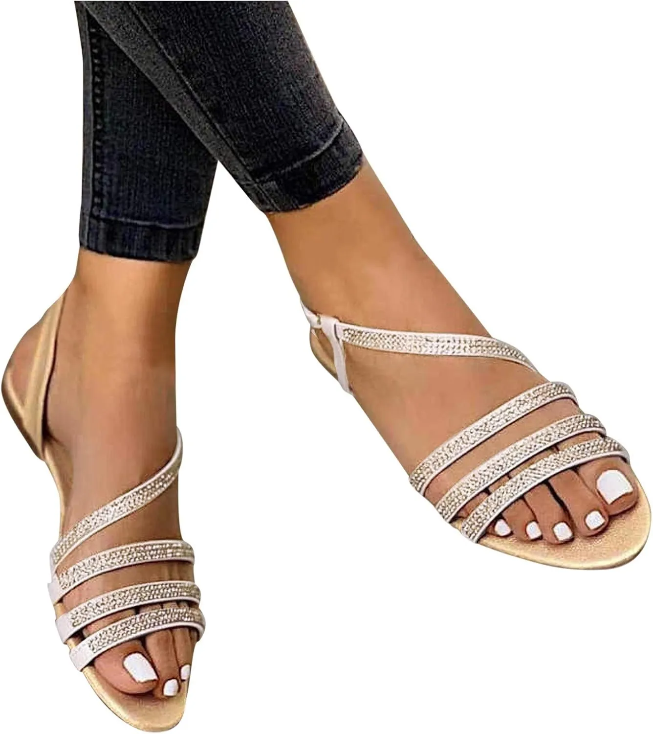 Womens Rhinestones Strap Flat Sandals Casual Summer Bling Open Toe Buckle Slipper Lightweight Comfortable Breathable Ladies Beach Roman Shoes