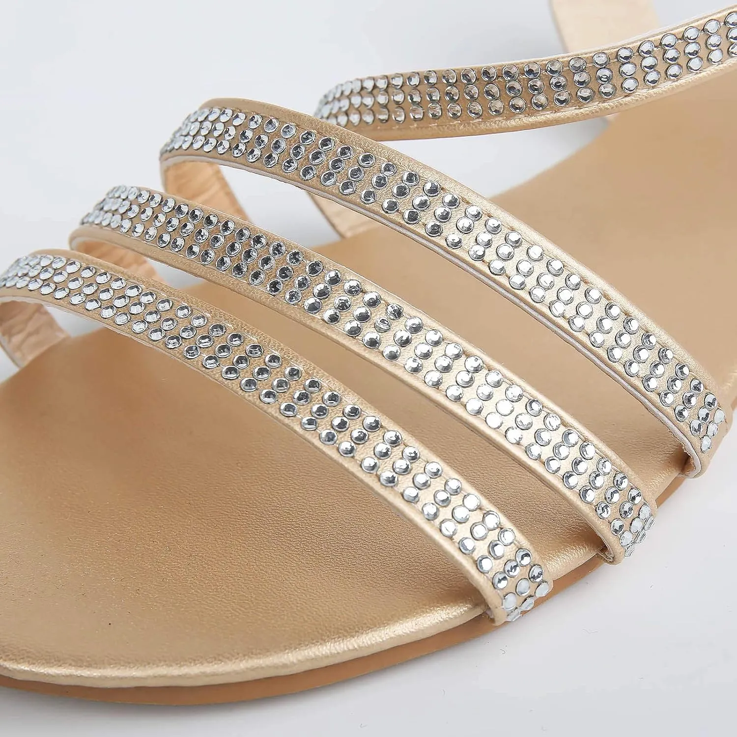 Womens Rhinestones Strap Flat Sandals Casual Summer Bling Open Toe Buckle Slipper Lightweight Comfortable Breathable Ladies Beach Roman Shoes
