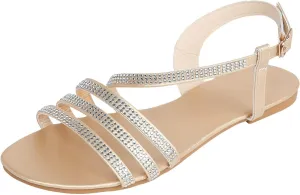 Womens Rhinestones Strap Flat Sandals Casual Summer Bling Open Toe Buckle Slipper Lightweight Comfortable Breathable Ladies Beach Roman Shoes