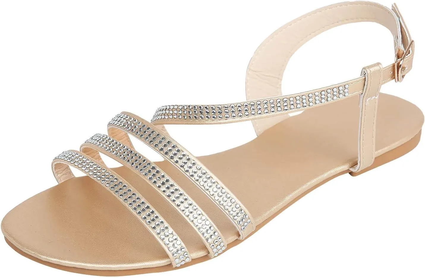Womens Rhinestones Strap Flat Sandals Casual Summer Bling Open Toe Buckle Slipper Lightweight Comfortable Breathable Ladies Beach Roman Shoes
