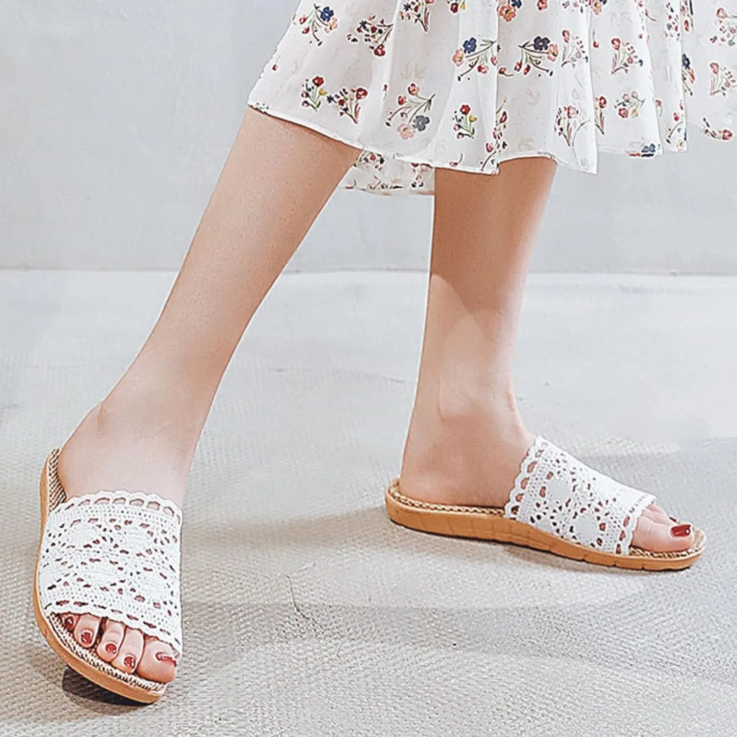 Womens Slide Sandals Size 12 Hollow Lace Slippers Rubber Flat Heel Flat Sole Foldable Slippers for Women with