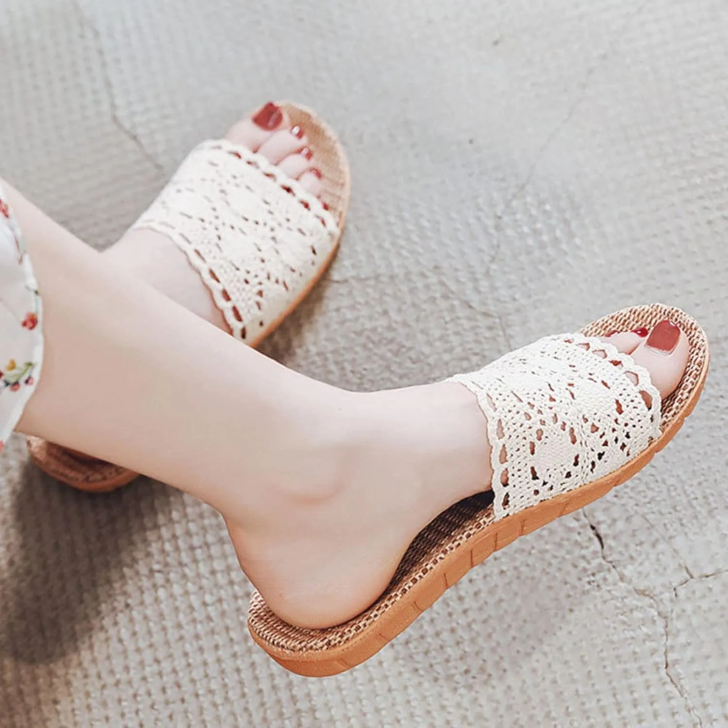 Womens Slide Sandals Size 12 Hollow Lace Slippers Rubber Flat Heel Flat Sole Foldable Slippers for Women with