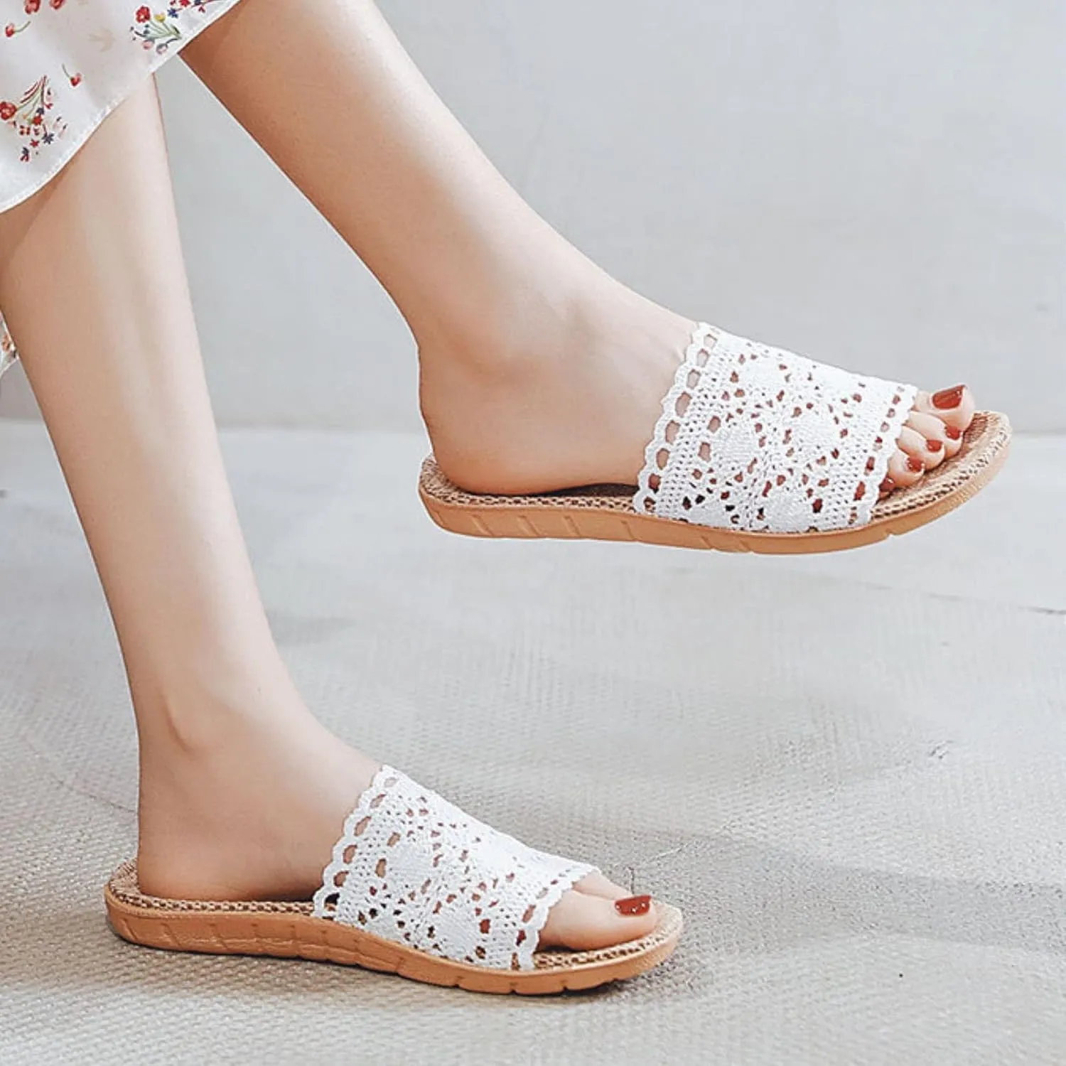Womens Slide Sandals Size 12 Hollow Lace Slippers Rubber Flat Heel Flat Sole Foldable Slippers for Women with