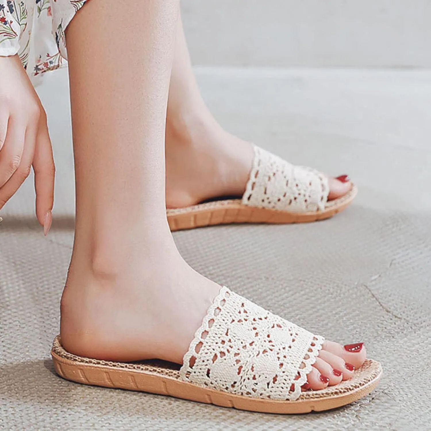 Womens Slide Sandals Size 12 Hollow Lace Slippers Rubber Flat Heel Flat Sole Foldable Slippers for Women with