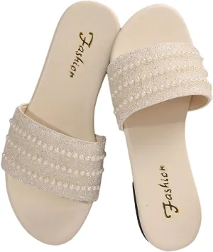 Women's Sparkle Pearl Flat Sandals Glitter Bling Dressy Open Toe Slip on Slides Sandals