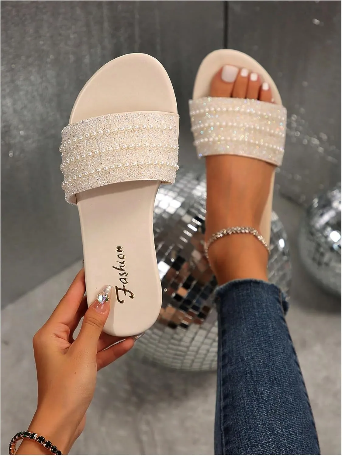 Women's Sparkle Pearl Flat Sandals Glitter Bling Dressy Open Toe Slip on Slides Sandals
