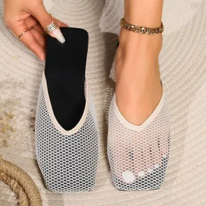 Women's Square Toe Mesh Flats Mesh Slippers Sandals for Women, Stretch Fishnet Stockings Hollow Short Flat Shoes (Beige,5-5.5)