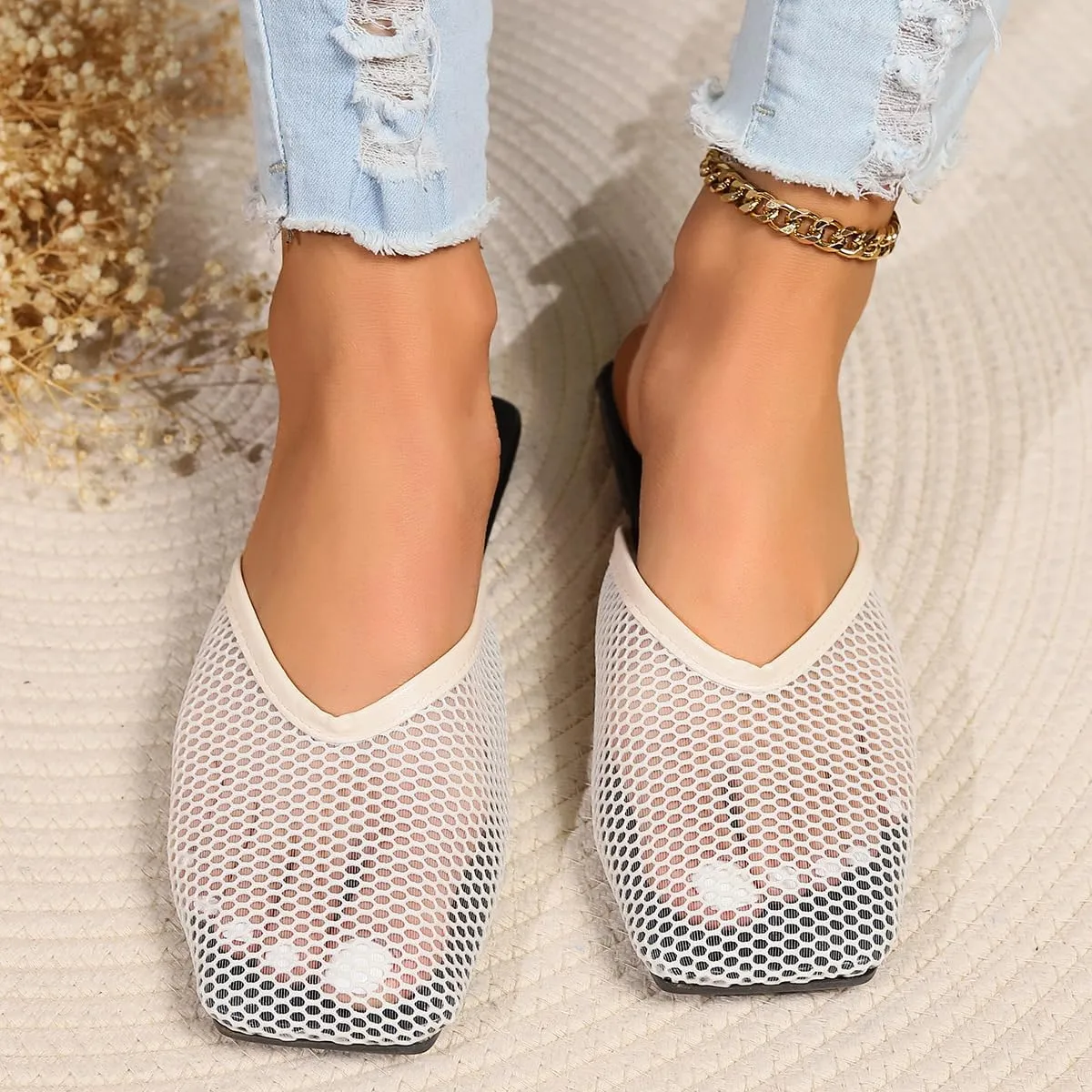 Women's Square Toe Mesh Flats Mesh Slippers Sandals for Women, Stretch Fishnet Stockings Hollow Short Flat Shoes (Beige,5-5.5)