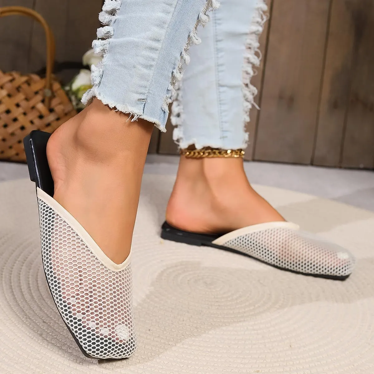 Women's Square Toe Mesh Flats Mesh Slippers Sandals for Women, Stretch Fishnet Stockings Hollow Short Flat Shoes (Beige,5-5.5)
