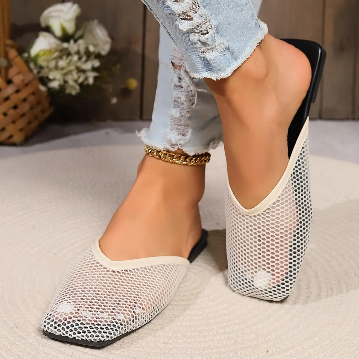 Women's Square Toe Mesh Flats Mesh Slippers Sandals for Women, Stretch Fishnet Stockings Hollow Short Flat Shoes (Beige,5-5.5)