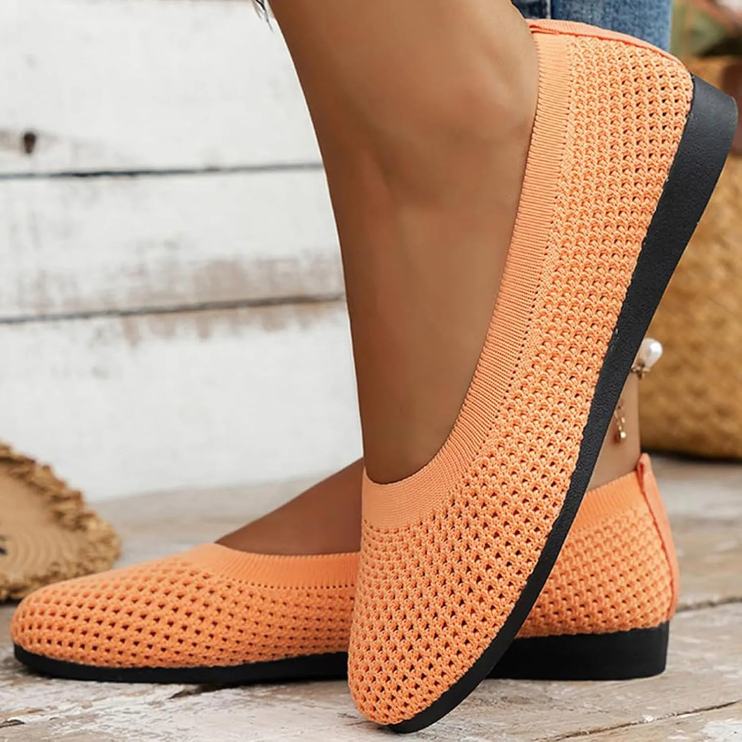 Women's Wide Fit Ballet Flats - Round Toe Slip-On Knit Shoes with Arch Support, Breathable & Comfortable for Work, Formal Dressy Occasions