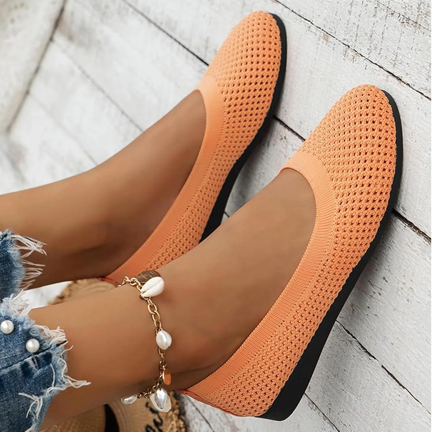 Women's Wide Fit Ballet Flats - Round Toe Slip-On Knit Shoes with Arch Support, Breathable & Comfortable for Work, Formal Dressy Occasions