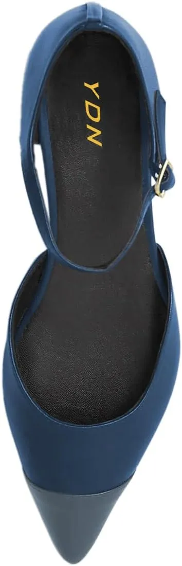 YDN Women's Cap Toe Low Heeled Pumps Pointed Toe Flat Sandals Ankle Buckled Strap Chic Dress Party Casual Shoes Size 4-16 US