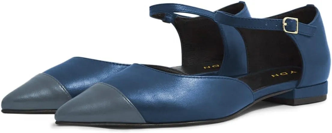 YDN Women's Cap Toe Low Heeled Pumps Pointed Toe Flat Sandals Ankle Buckled Strap Chic Dress Party Casual Shoes Size 4-16 US