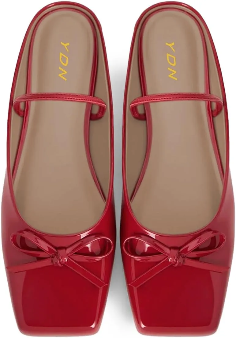 YDN Women's Fashion Square Toe Flat Pumps with Bow Chunky Low Heels Comfortable Single Strap Sandal Shoes for Daily Outfit Size 4-16 US