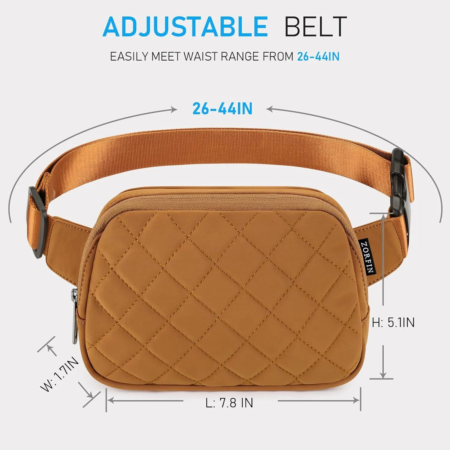 ZORFIN Belt Bag for Women Men Fashionable Crossbody Fanny Packs for Women with Adjustable Strap for Hiking Running Travel (Quilted Brown)