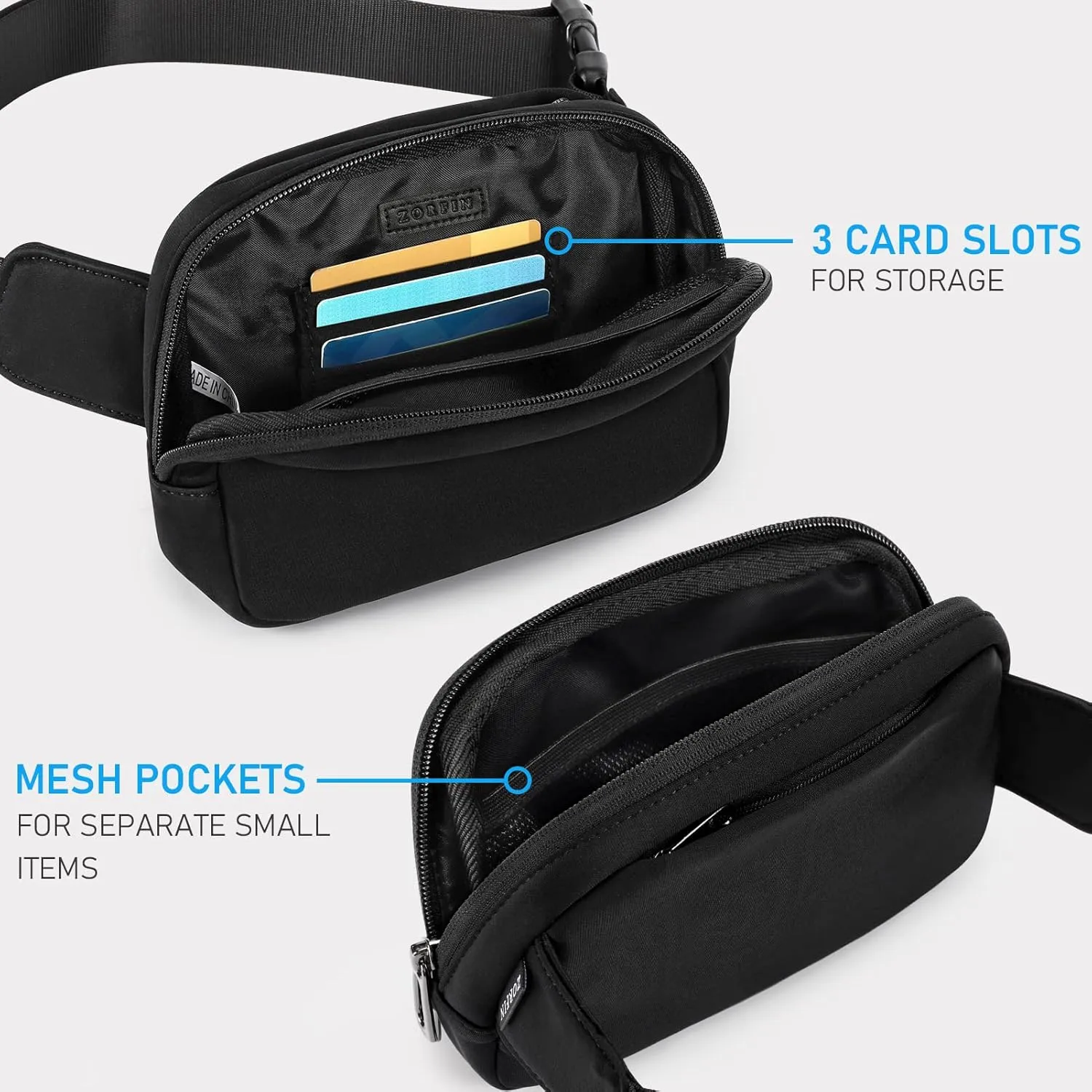 ZORFIN Belt Bag for Women Men Fashionable Crossbody Fanny Packs for Women with Adjustable Strap for Hiking Running TravelBlack